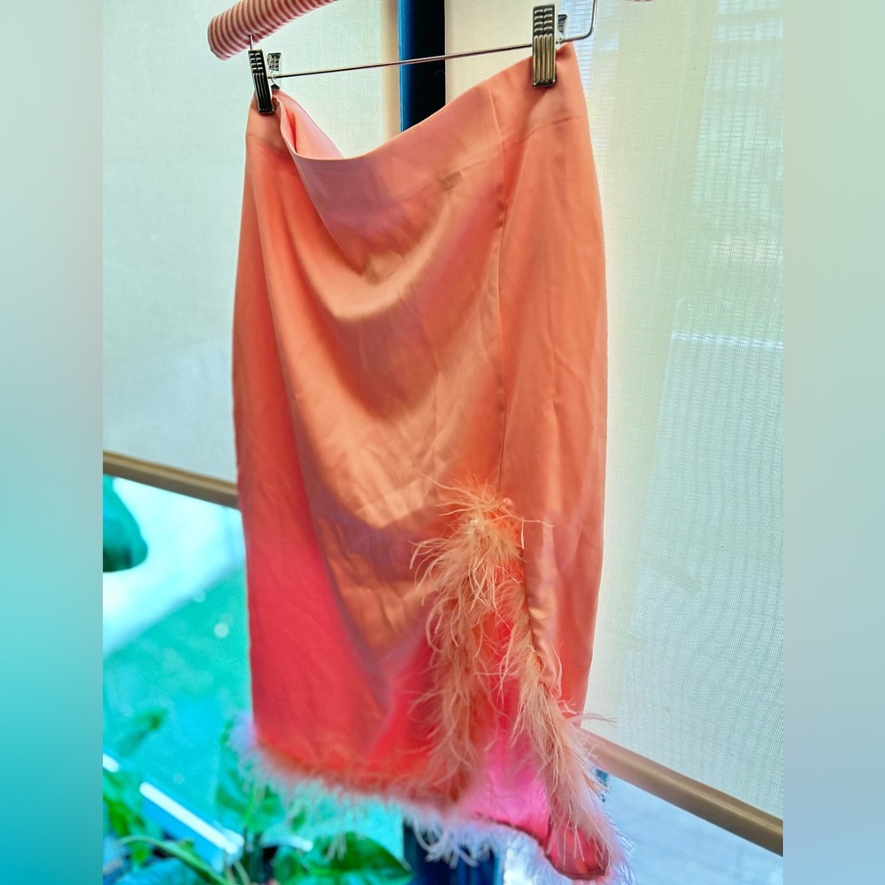 Pink Feather Trim Satin Skirt – Party / Statement Skirt